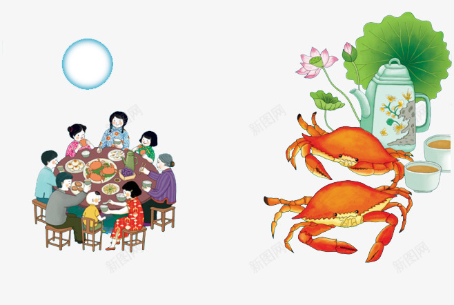 团聚psd免抠素材_88icon https://88icon.com 中秋 圆月 大闸蟹 家人团聚 手绘 茶 荷花