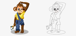卡通手绘猴子挠头拿弹弓素材