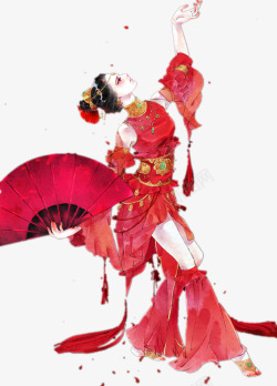 美女跳舞素材红衣扇子跳舞美女古风手绘高清图片