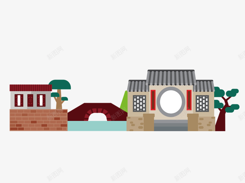 手绘卡通古风建筑小桥流水png免抠素材_88icon https://88icon.com 中国风 动漫 动画 卡通 古建筑 古建筑手绘图 古风建筑 小桥流水 手绘 松树