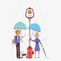 撑伞男子雨天站牌下等车的情侣高清图片