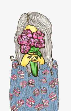 手绘抱着玫瑰花的少女素材
