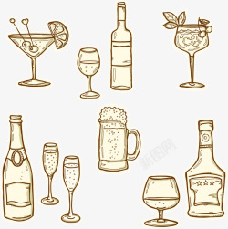 手绘各种饮品瓶子杯子酒吧元素矢量图素材