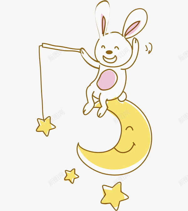 可爱兔子png免抠素材_88icon https://88icon.com 可爱兔子 微笑 手绘 手绘鱼竿 粉色耳朵 钓星星 鱼竿 黄色月亮