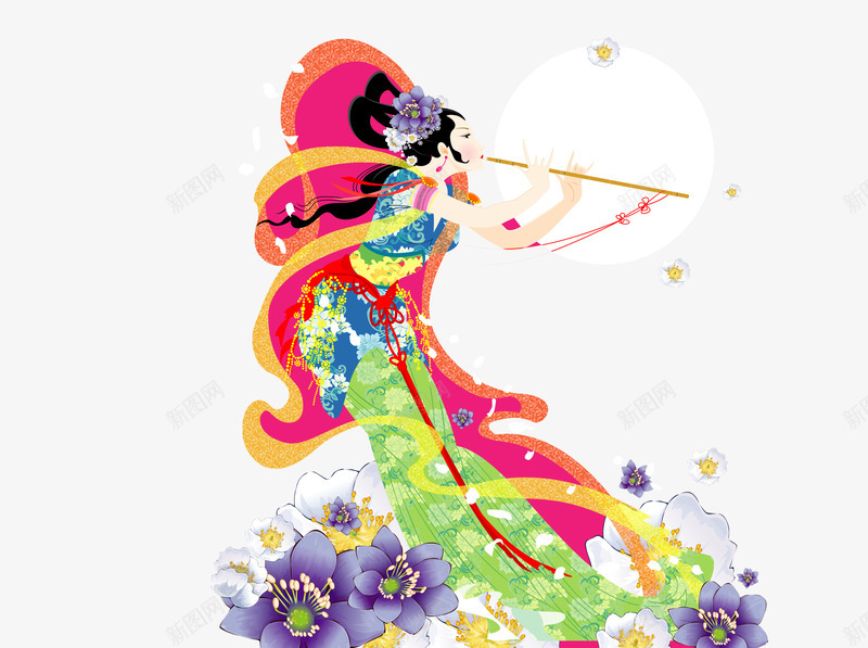 嫦娥矢量图ai免抠素材_88icon https://88icon.com 吹长笛的美女 嫦娥 飞向月亮的美女 矢量图
