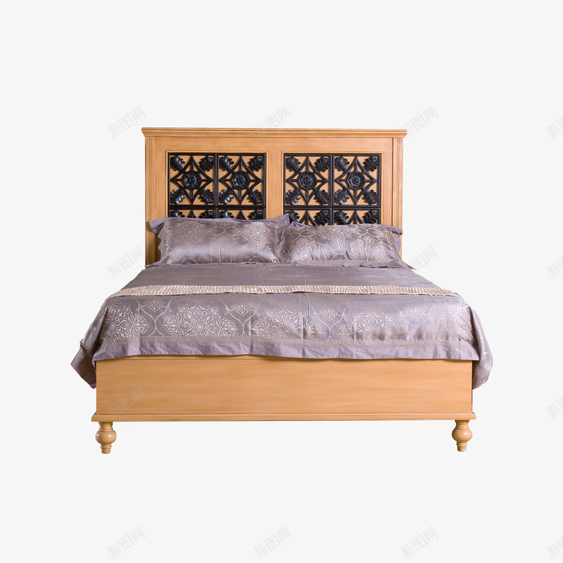木质大床png免抠素材_88icon https://88icon.com 产品实物 床 木床 木质床 杯子 枕头 模型 清新 紫色被套 花纹 被子 黑色花纹