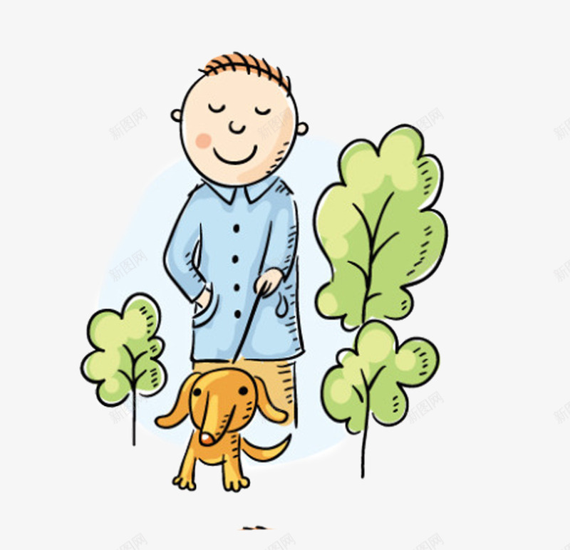 遛狗散步手绘小男孩png免抠素材_88icon https://88icon.com 散步 树木 男孩 遛狗