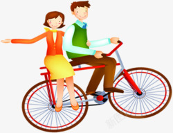 卡通可爱手绘骑车踏青情侣素材