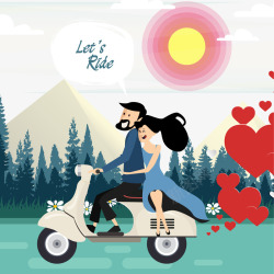骑车浪漫卡通情侣插画高清图片