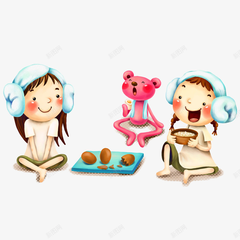 在澡堂喝下午茶的女生和小熊psd免抠素材_88icon https://88icon.com 头巾 女生 泡澡 澡堂