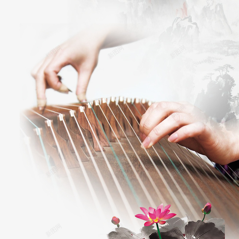 古筝png免抠素材_88icon https://88icon.com 中国风 弹琴 手绘古筝 荷花