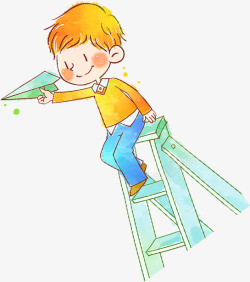 小男孩在楼梯上玩纸飞机素材