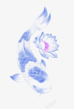 锦鲤手绘蓝色锦鲤和荷花矢量图高清图片