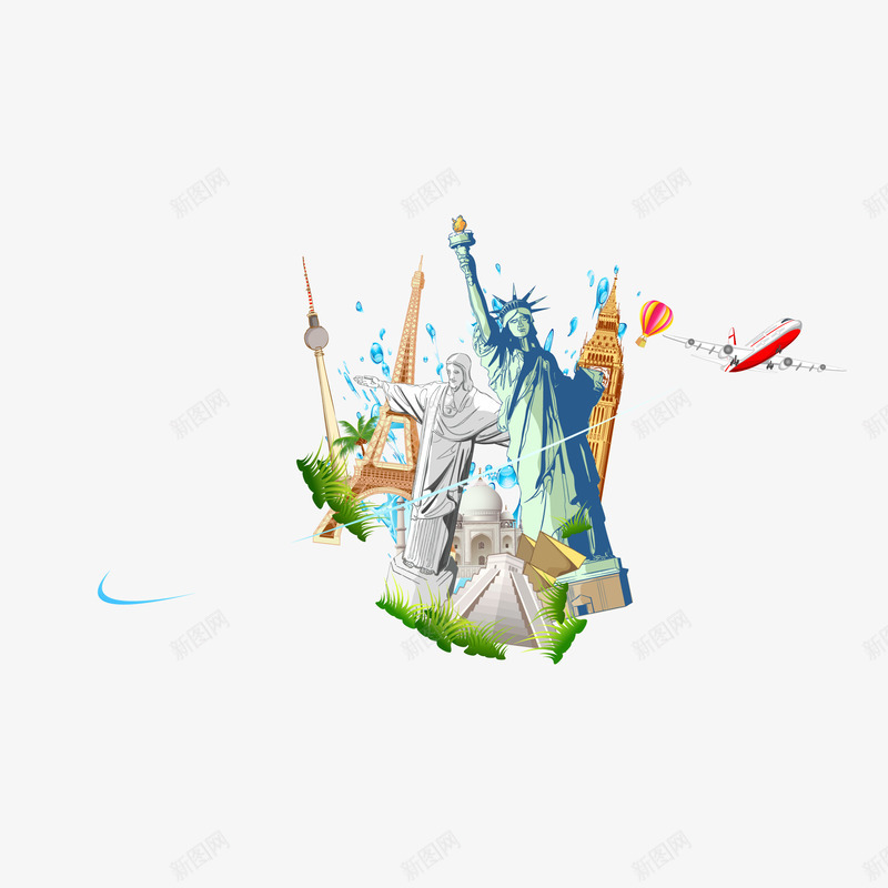 旅游度假著名建筑扁平化png免抠素材_88icon https://88icon.com 休假 度假 建筑物 扁平化 旅游 热气球 著名 飞机