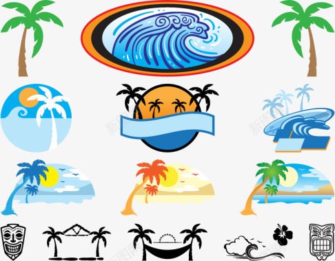 彩色海边椰子树标合集矢量图图标图标
