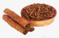 木碗里的小麦粉木碗里的干烟叶和卷好的香烟实物高清图片