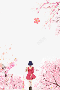 清明祭浪漫樱花与女孩主题边框高清图片