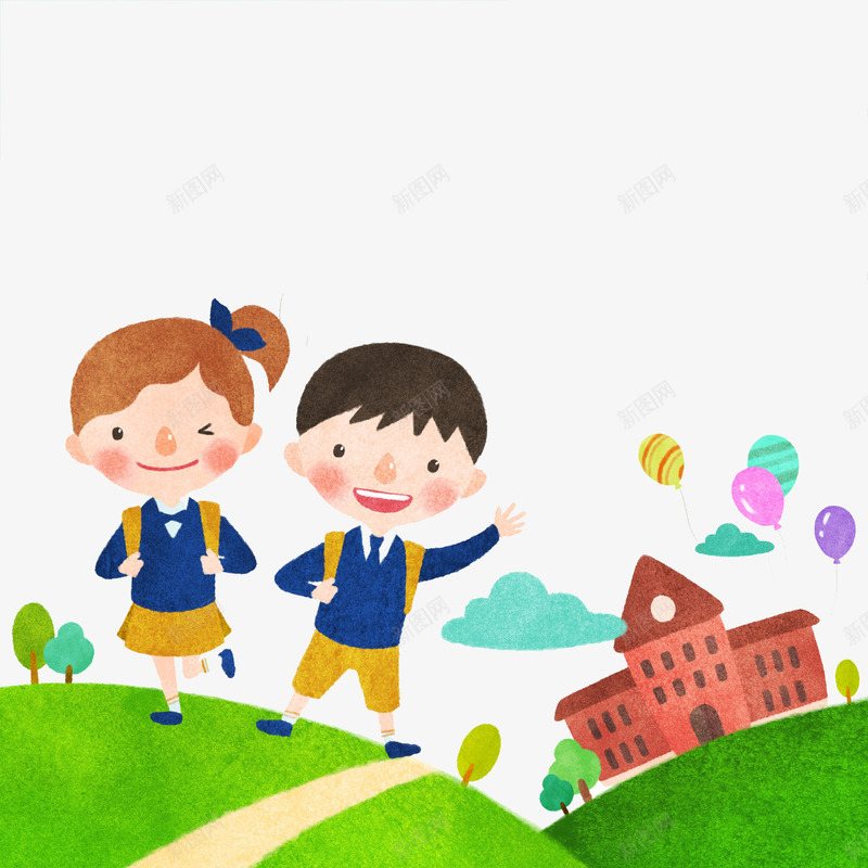 上学的孩子png免抠素材_88icon https://88icon.com 卡通 可爱的 学校 小学生 帅气的 气球 草地