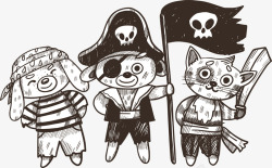 三只可爱动物海盗矢量图素材