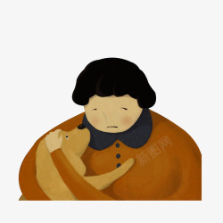 卡通安慰伤心抱着小狗的女孩高清图片