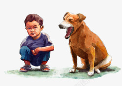 卡通手绘蹲着的小男孩和大狗素材