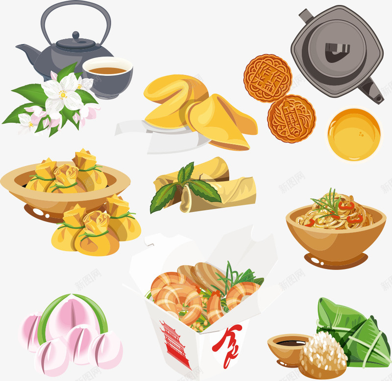 美味的食物矢量图ai免抠素材_88icon https://88icon.com 卡通食物 月饼 粽子 美味食物 茶壶 茶杯 食物 矢量图