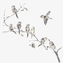 水墨树枝上的群鸟背景素材