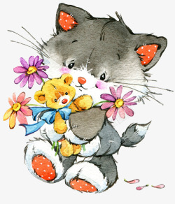 抱小熊花朵水彩猫素材