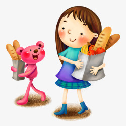 熊和小女孩各自抱着的面包素材