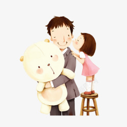 父亲节小熊在凳子上亲吻爸爸的小女孩高清图片
