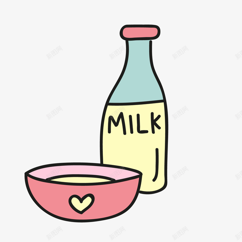 卡通牛奶瓶子与小碗png免抠素材_88icon https://88icon.com 卡通食物 牛奶 粉色小碗 背景装饰