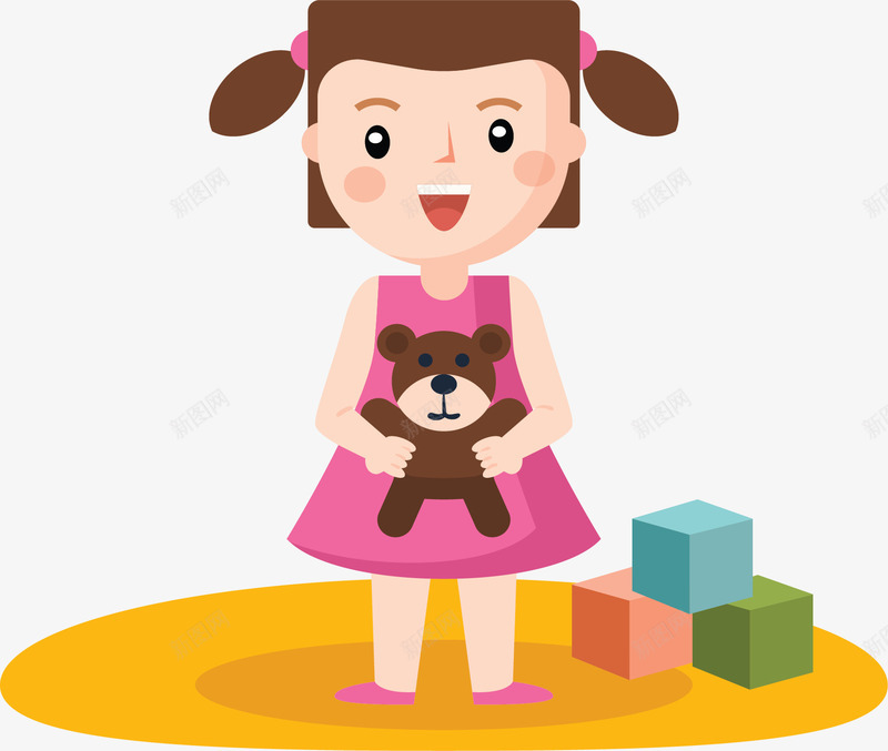 可爱玩玩具的女孩子矢量图ai免抠素材_88icon https://88icon.com 卡通女孩 大笑的女孩子 小女孩 抱着小熊 玩玩具 矢量png 矢量图 积木玩具
