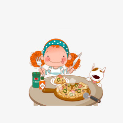 正在吃披萨卡通馋嘴的女孩和小狗吃披萨高清图片