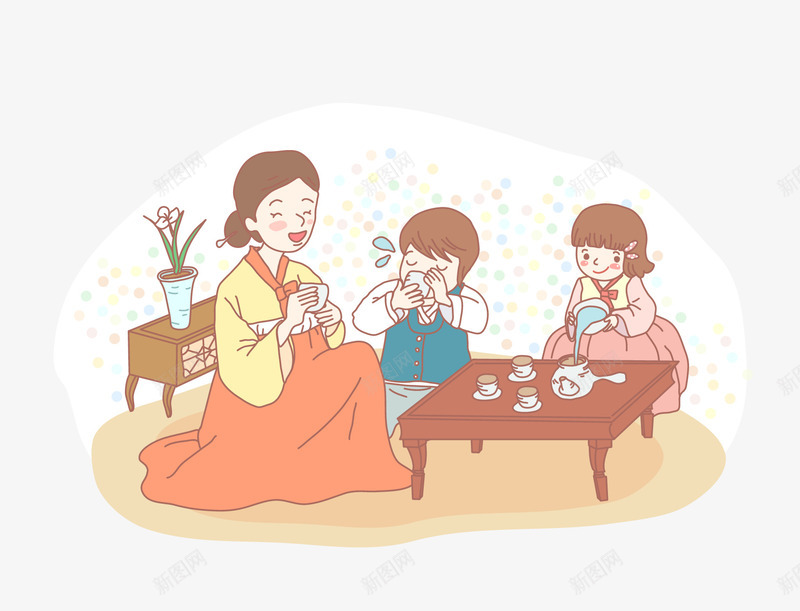 朝鲜妈妈和孩子手绘图png免抠素材_88icon https://88icon.com 人物 倒茶 喝茶 女孩 妈妈 孩子 朝鲜族 男孩