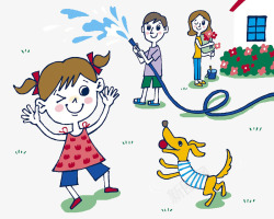 卡通插图小狗与一家人一起玩素材