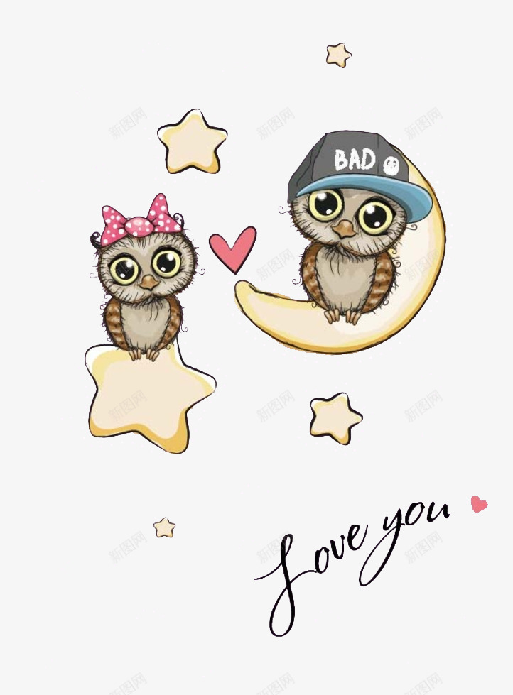 卡通情侣png免抠素材_88icon https://88icon.com 星星装饰 月牙 猫头鹰 表达爱意