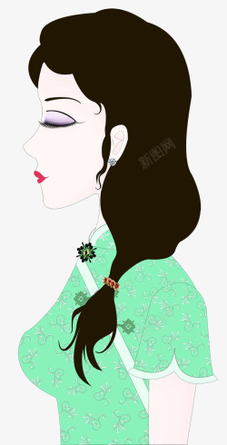 绿色旗袍卡通人物插图穿旗袍的女人侧面高清图片