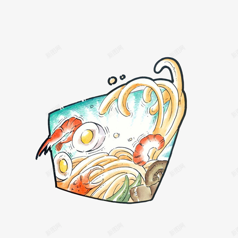 卡通可口海鲜面png免抠素材_88icon https://88icon.com 海鲜盛宴 海鲜面 漂浮的虾 舞动的面条 鸡蛋