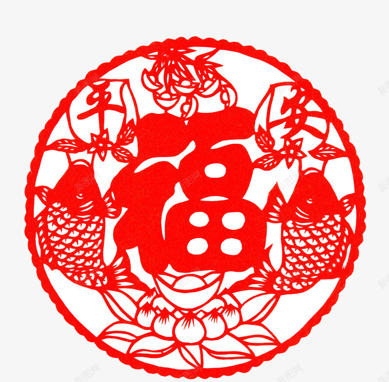 中国风福艺术字窗花png免抠素材_88icon https://88icon.com 中国风 卡通手绘 喜庆 水彩 福艺术字 窗花 红色 鱼儿