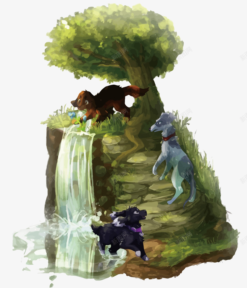 嬉戏在森林的小狗矢量图eps免抠素材_88icon https://88icon.com PNG图片 PNG图片素材 PNG素材 PNG素材免费下载 卡通 手绘 森林 水彩 湖水 瀑布 狗 矢量图