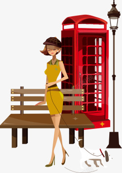 电话亭边上的时尚女孩矢量图素材