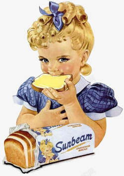 金色的卷发持面包的小女孩高清图片