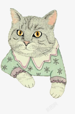 卡通手护穿绿色毛衣的猫咪素材