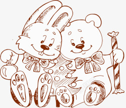 手绘素描小熊兔子矢量图素材