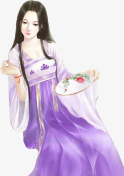 刺绣的紫衣少女古风手绘素材