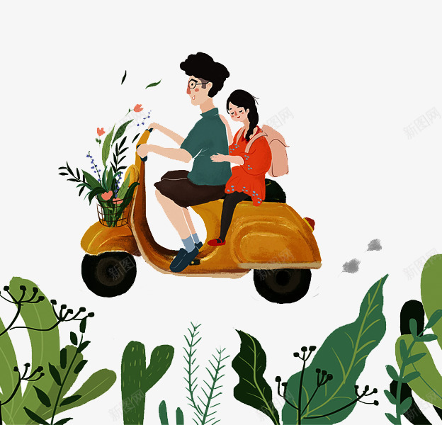 卡通手绘春季骑车的男女psd免抠素材_88icon https://88icon.com 卡通 手绘 春季骑车的男女 电动车 花朵装饰 草丛
