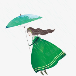 水彩绿色少女雨中拿着伞插图素材