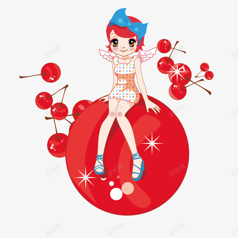 红樱桃和精灵少女矢量图ai免抠素材_88icon https://88icon.com 水果 童话 装饰 矢量图