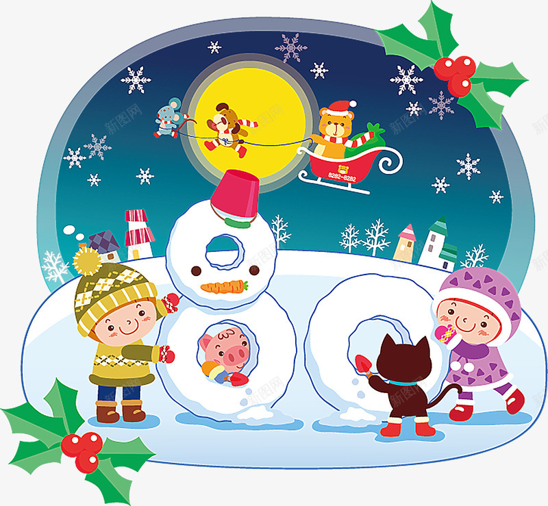 圣诞节堆雪人的小孩png免抠素材_88icon https://88icon.com 儿童 圣诞老人 圣诞节 堆雪人 送礼物 雪人 雪橇