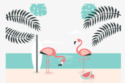 夏季海滩粉色火烈鸟矢量图素材